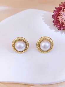 Elegant Thread Stripes Round Stud Earrings Inlaid Faux Pearl Stud Earrings For Women Large Gold Statement Big White Pearl Stud Earrings For Women Boho Fashion Beach Ear Jewelry Accessories Gold Color Star Faux Pearl Geometric Flower Earrings Set Summer Beach Jewelry Fancy Stainless Steel Jewelry Set, Great For Glamorous,Holiday,Wedding,Daily,Music Festival,Beach Vacation. Perfect For Valentines Day, Birthday, Mother Day, - Gold - View 4