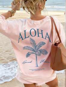 Camiseta de manga corta con cuello redondo y estampado de palmeras para mujer, estilo casual y moderno, tu prenda esencial diaria.Camiseta con Estampado, Tops para Mujer, Vacaciones de Verano - Rosa - Ver 7