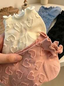 4 Pairs Cute Ruffled Heart Embossed Pastel Color Short Socks, Novelty Ladies Socks In Pink & Invisible Boat Socks, Breathable Soft Absorbent Low-Cut Socks, Casual Socks In Lolita/JK Style - Multicolor - View 3