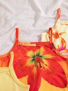 3件套女童夏季新款2026碎花纯色吊带连衣裙，简约百搭度假风连衣裙套装 - 黃色 - 查看 4