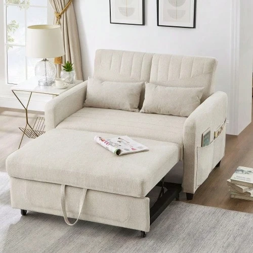 [Sofa Bed With Sleeping Function] Two-Seater Fold-Out Sofa, Extendable Design, Simple And Modern, Contemporary Style, Three-Position Adjustable Backrest, Breathable Cotton-Linen Fabric - Beige - View 1