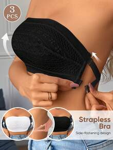 3pcs Women Sexy Lace Bralette, Breathable Lightweight Backless Bandeau Bras, Suitable For Various Outfits In Summer - Multicolor - View 2