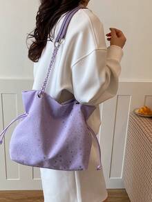 2026 New Vintage PU Chain Drawstring Magnetic Closure Bucket Bag, Unique Design Shoulder Crossbody Bag For Women, Autumn - Purple - View 2