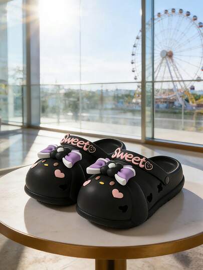 1 Pair Teenage Bow Tie Convertible EVA Non-Slip Sole Flat Casual Hollow Sandals, Suitable For Spring & Summer