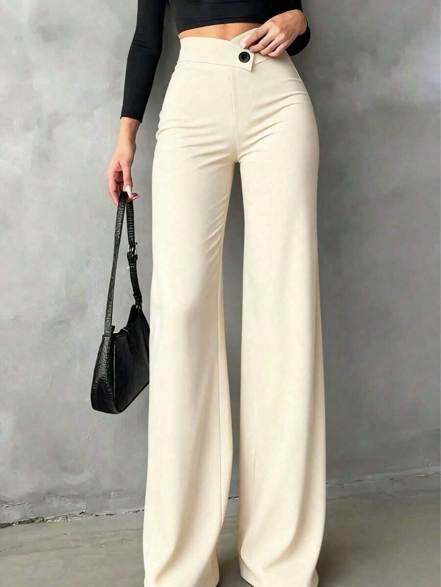 Elegant And Casual Black Straight-Leg Trousers For Women, Summer Pants With An Asymmetrical V-Shaped Waist To Accentuate Curves, Suitable For School, Daily Wear, And Work. - 杏色 - 查看 1