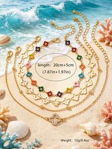 4pcs Minimalist Vintage Elegant Hollow Rhinestone Inlaid Four-Leaf Clover Anklet, Suitable For Beach, Party, Banquet And Daily Wear - Multicolor - View 5