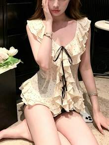 Chic Elegant Sheer Chiffon Top, V-Neck Frill Trim Polka Dot Top For Women, Summer Vacation - Apricot - View 2