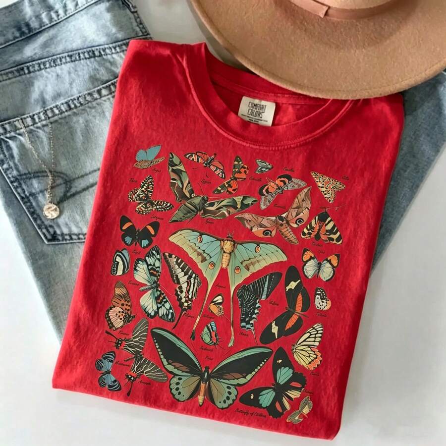 100% Cotton Vintage Butterfly & Moth Shirt Cottagecore Aesthetic Tee, Nature Lover Gift Comfortable T-Shirt Unisex Women's & Men's Campus Daily Wear - 紅色 - 查看 1