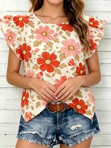 Blusa de manga corta con volantes y estampado floral bohemio para vacaciones, color rojo - Rojo - Ver 3