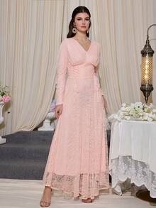 Elegant Women's Pink Lace V-Neck Long Sleeve Formal Dress, Cinched Waist Design, Flared Skirt, Perfect For Evening Parties And Balls - Baby Pink - View 9