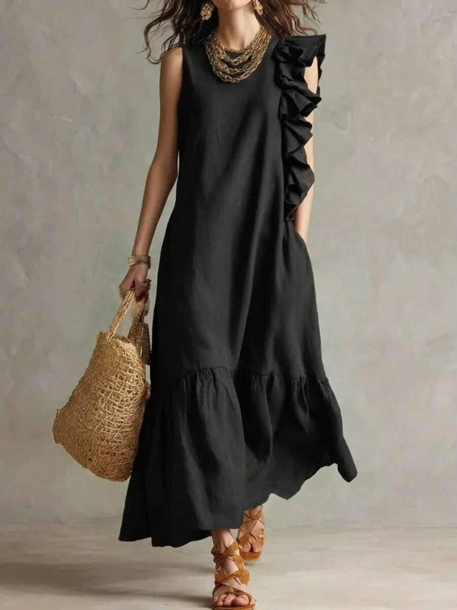 2026 New Women's Sleeveless Dress With Irregular Ruffles - Black - View 1