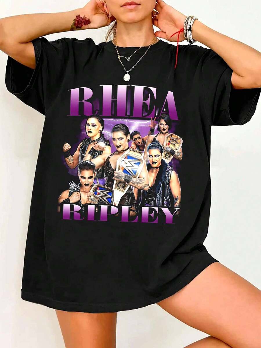 Rhea Ripley Vintage 90s Bootleg T-Shirt WWES Wrestling Fan Graphic Tee - Black - View 1