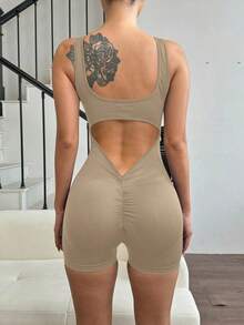 Slayform Mono de tirantes de unicolor simple para mujer, conjunto de ropa de gimnasio para mujer - Camel - Ver 6