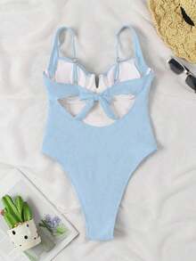 Traje de baño de una pieza negro, de cuello en V, elegante y sexy, de llegada nueva primavera/verano de Polovedo, adecuado para la playa, vacaciones, fiestas y citas - Azul 2 - Ver 5
