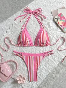 LUCKY HOLIDAY 2026 夏季新款极简撞色抽绳三角罩杯比基尼，性感泳装，适合女士、情人节、海滩派对、假日度假等场合。 - 彩色 - 查看 2