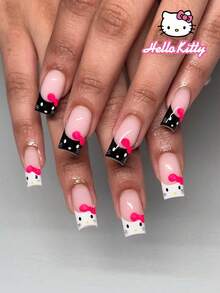 SANRIO Bộ 24 miếng dán móng tay vuông cỡ vừa Hello Kitty 3D đen trắng kiểu Pháp, có hình Hello Kitty, trái tim và nơ, màu hồng nữ tính, phù hợp với bộ móng acrylic, bao gồm 1 lọ keo gel và 1 dũa móng, dùng cho sinh hoạt hàng ngày và dự tiệc của các bé gái. - Nhiều màu - Xem 1