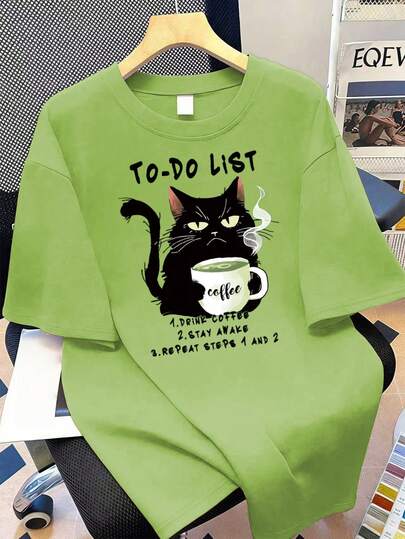 Camiseta casual de cuello redondo con gráfico de gato bebiendo té para mujer, de talla grande, de moda para el verano con manga corta, adecuada para vacaciones de verano, playa, días festivos, primavera, Día de San Valentín