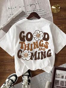 short-sleeveCamiseta de mujer de manga corta con cuello redondo, estampado de letras y rayas, de moda y versátil100% Cotton - Blanco 6 - Ver 6