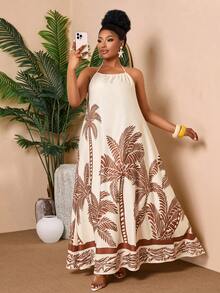 BIUBIU Vestido largo con estampado de palmeras, diseño con tirantes finos y sin mangas, cintura con cordón, para fiesta, talla grande - Base de albaricoque con flores de palma - Ver 6
