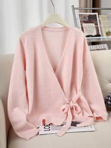 法式系带针织衫，修身显瘦V领长袖打底衫 - 粉色 - 查看 9