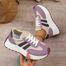 Women's White Casual Sneakers, Low-Top, Lightweight, Non-Slip, Wear-Resistant, Low Heel, Round Toe, Breathable, Lace-Up, Suitable For Outdoor Sports, Spring/Autumn - 紫色 - 查看 4