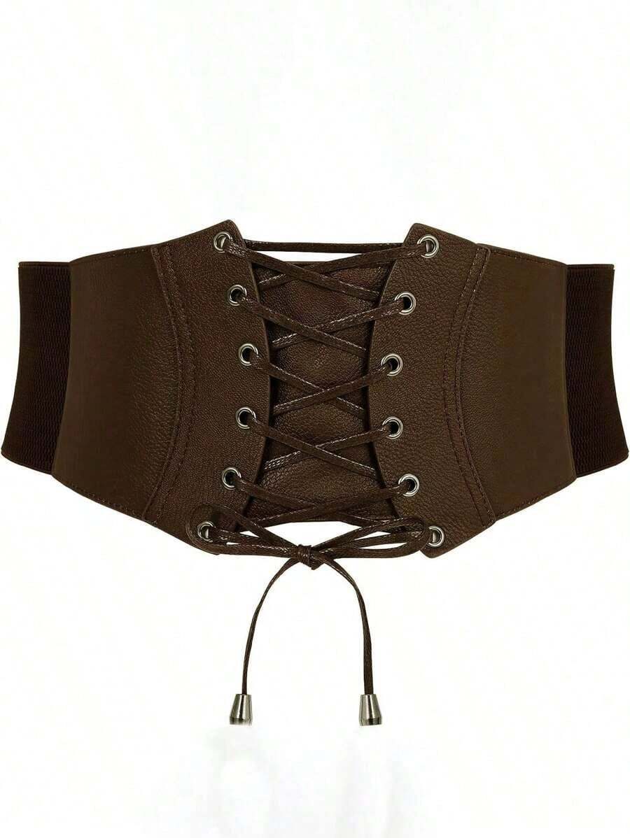 1pc Women's Brown Vintage Elastic Waist Corset Belt, Suitable Halloween Party Or Daily Wear - 棕色 - 查看 1