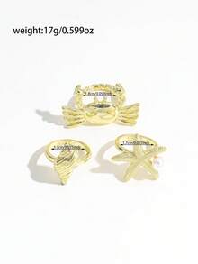 3pcs/Set Zinc Alloy Ocean Series Rings, Creative Starfish, Faux Pearl, Seashell, Crab Stackable Rings Set For Women - Gold - View 6