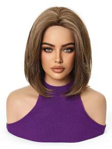 Wig Bobo Berlapis Belahan Tengah 10 Inci, Cocok untuk Pemakaian Sehari-hari di Musim Panas, Pesta, Cosplay, Festival Musik, Liburan, Hadiah Praktis untuk Anak Perempuan - Sorot Coklat - View 4