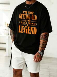 Men's Round Neck Short Sleeve Funny Age Slogan Print T-Shirt + Drawstring Shorts Set, Plus Size Summer Casual Outfit - Black - View 1