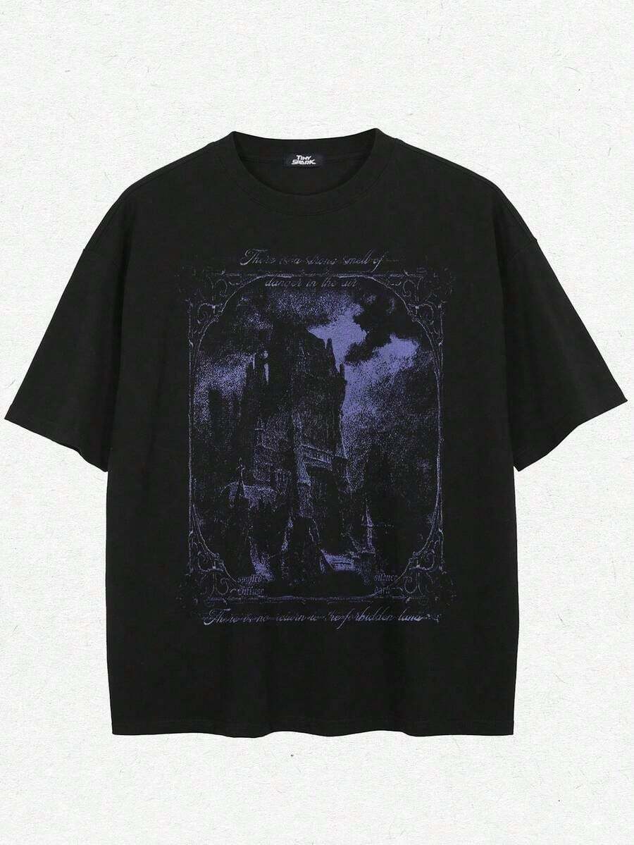 T-shirt Oversize da Donna in Puro Cotone Nera con Grafica di Castello Gotico e Cornice Vintage, Maglietta Girocollo Casual Streetwear Dark - style1 - Voir 1