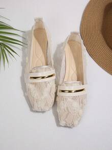 Women's Pink Lace Floral Square Toe Flat Shoes Breathable Mesh Loafers Spring Summer - Apricot - View 8