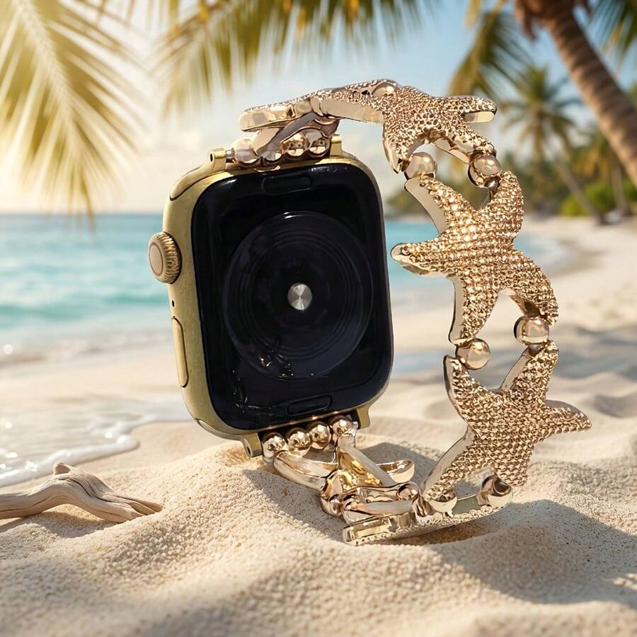 1 dây đeo đồng hồ kiểu sao biển, phong cách nghỉ dưỡng, tương thích với Apple Watch 38-49mm, dây đeo co giãn phù hợp với các mẫu Ultra 3/2/1 SE Series 1-11, không bao gồm đồng hồ. - Vàng - Xem 1
