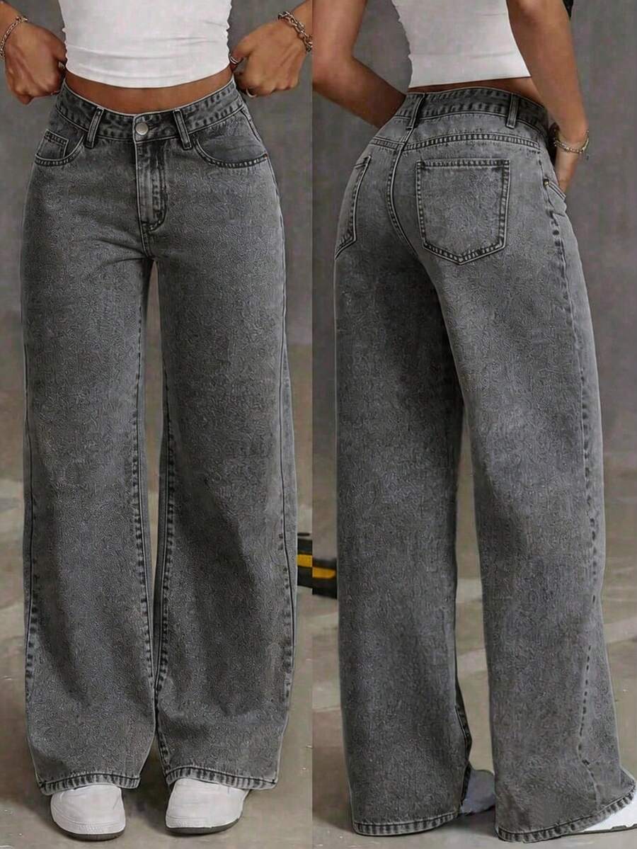 Jeans rectos de pierna casual con rayas y bigotes de gato en azul claro para adolescentes - Negro - Ver 1
