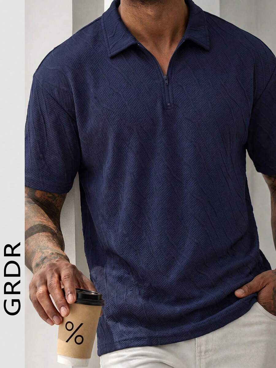 GRDR Men's Textured Wavy Pattern Half-Zip Collar Polo Shirt, Navy Blue Casual Short Sleeve Top - Navy Blue - View 1
