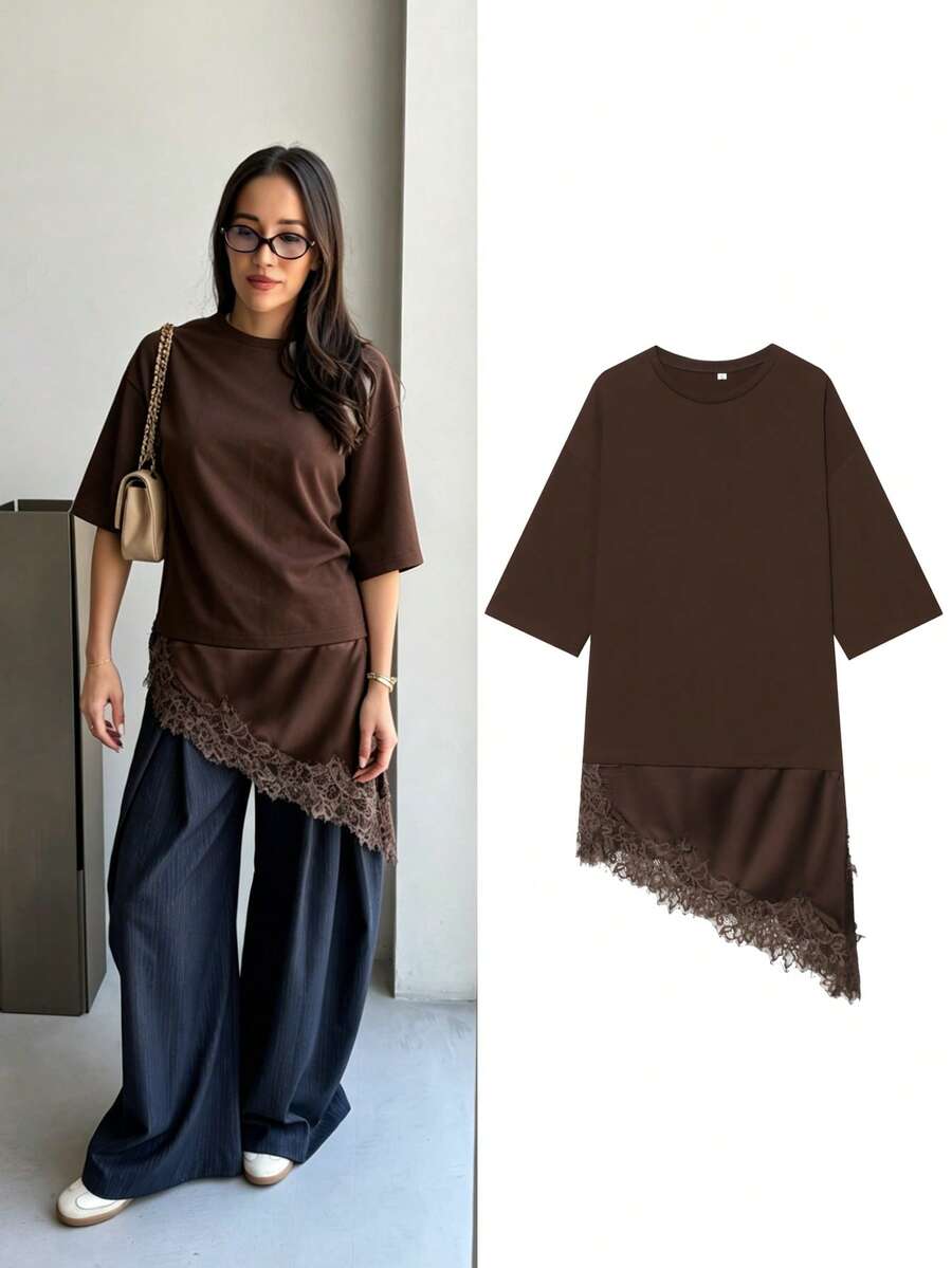 Women's Lace Patchwork Sleeveless Casual Tank Top, Women's Asymmetric Loose Short Sleeve T-Shirt, Street Style Women Clothing Summer - Coffee Brown - View 1