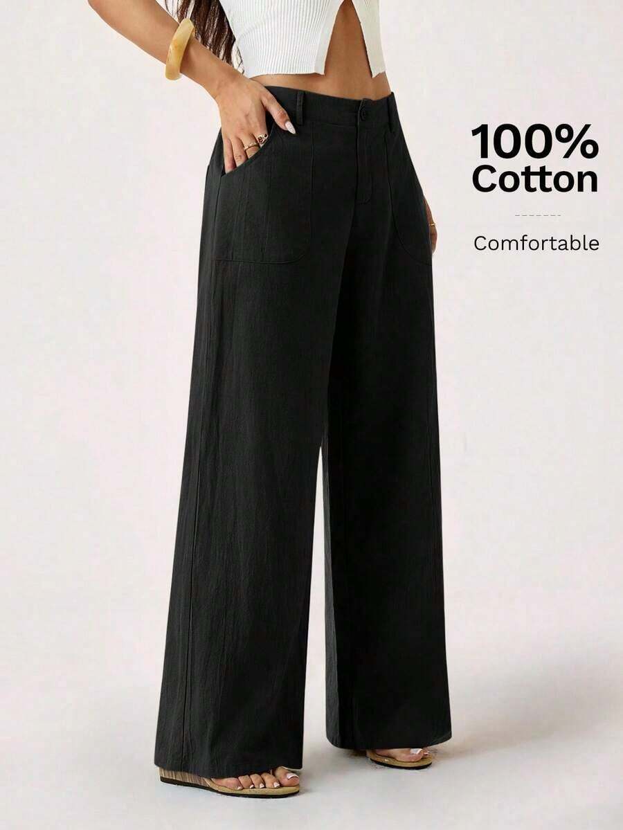 PETITE Pantalones rectos de cintura baja de 100% algodón lavado, pantalones de lino para mujer, pantalones de verano, pantalones anchos de mujer, pantalones de verano, otoño y ropa de otoño para mujer - Negro - Ver 1