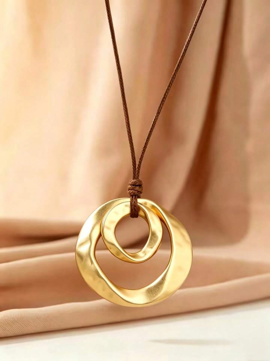 Hegaze 1pc Vintage Asymmetrical Double-Ring Leather Cord Pendant Necklace For Women - Yellow Gold - View 1