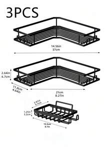 3pcs/Set Wall Mounted Bathroom Shelf With Soap Dish, Rust-Proof Sturdy Structure, Anti-Drop Raised Guardrail With Quick Drainage Net, Waterproof, Space-Saving, Easy Installation, Suitable For Bathroom, Shower, Kitchen, Dorm, Apartment, RV, Hotel And Home Use - Multicolor - View 3