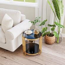 Modern Round Glass Side Table For Living Room, Black And Gold Bedside Table With Glass Top, Luxury Round Coffee Table With Stainless Steel Legs, Small Desk Table, Sturdy Nightstand With Glass Top, Coffee Table. - Black - View 9