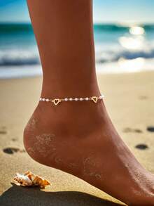 1pc Fashionable, Sexy, Elegant, Personalized Heart-Shaped Faux Pearl Chain Anklet, Suitable For Women's Daily Casual, Party, Music Festival, Beach Vacation Wear, Valentine's Day & Mother's Day Gift (Chain Length Customized, Heart-Shaped Faux Pearl Quantity Randomly Arranged) - Gold - View 2