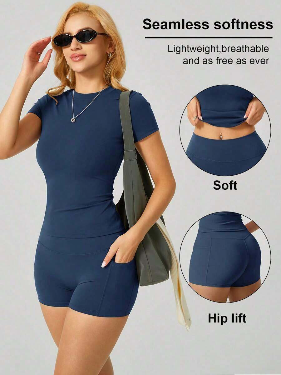 Conjunto de camiseta de manga corta de cuello redondo y pantalones cortos deportivos con bolsillo lateral para mujer, para el verano - Azul marino - Ver 1