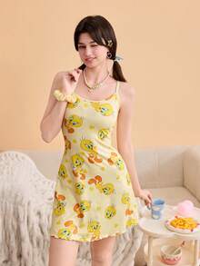 OBM Sleepwear X LOONEY TUNES Bộ đồ ngủ Leyi Tong & Cui Di hợp tác thiết kế, áo ngủ hai dây in họa tiết hoạt hình toàn thân, đồ mặc nhà màu vàng năng động. - Màu vàng - Xem 6