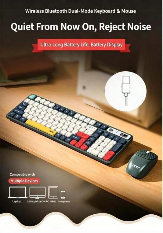 Wireless Bluetooth Keyboard And Mouse Combo | Mechanical Feel Silent Office Keyboard And Mouse | Rechargeable With Long Battery Life | Compatible With Desktops/Laptops/Macs/Tablets/Mobile Phones | Universal For Business, Office, And Home Use - View 1
