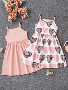 XUMPLO Bộ 2 váy bé gái màu hồng thanh lịch, dễ thương, có dây đeo hình trái tim, thích hợp cho các dịp lễ, sinh nhật, chụp ảnh, dã ngoại, hè. - Nhiều màu - Xem 5