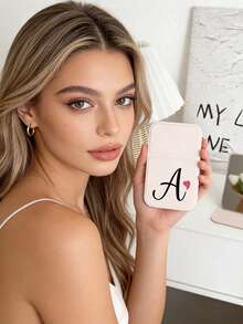 Foldable Portable Makeup Mirror With Black Art Letter Heart Pattern, White Mirror, With Stand, A-Z Letter Makeup Mirror, Travel Mirror, Beauty Product, Desktop Makeup Mirror, Rectangular Desktop Portable Makeup Mirror, Foldable Minimalist Makeup Mirror, Ideal Gift For Women, Mothers And Teachers - Multicolor - View 2