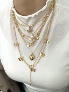 10件套女士项链套装，包含金色爱心、蝴蝶、星星和月亮吊坠，多层颈链，时尚简约优雅，百搭日常、派对、节日、礼品。 - 金黃色 - 查看 4