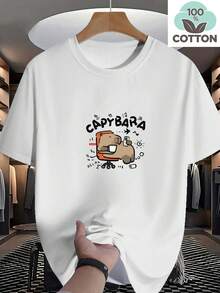 Men's Oversized T-Shirt, 100% Cotton 180g, New For Summer 2025, Fashion, Comfortable Design, "Capybara" Graphic Print, High Fit, Plus Size - XL - White - View 7