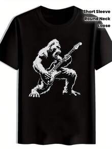 Gorilla Music Electric Guitar Print Men's T-Shirt - Loose Fit, Casual, Round Neck, Short Sleeve, Digital Print, Suitable For All Seasons, Ideal For Concerts And Daily Outfits (Machine Washable)-X - Black - View 2