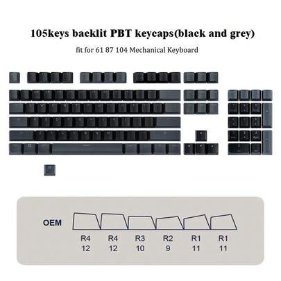 Teclas PBT para teclados mecánicos de juegos, perfil OEM con retroiluminación transparente para diseños de 61/87/104 TKL, compatibles con interruptores MX, juego de teclas duraderas y texturizadas
