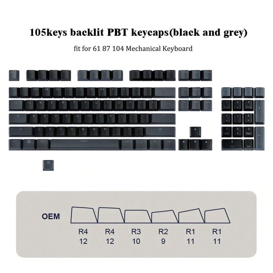 Teclas PBT para teclados mecánicos de juegos, perfil OEM con retroiluminación transparente para diseños de 61/87/104 TKL, compatibles con interruptores MX, juego de teclas duraderas y texturizadas - Ver 1